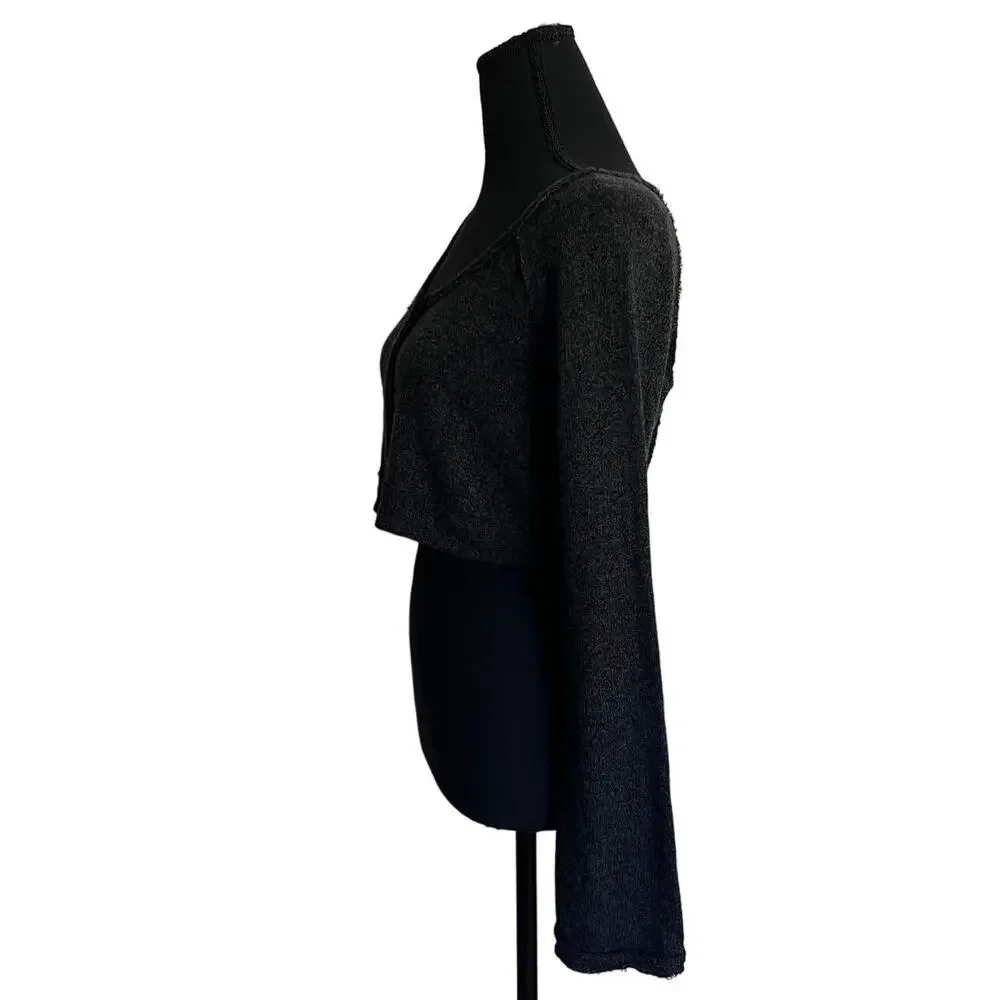 Free People Dark Heathered Gray Crop Long Sleeve Lace Snap Front Top - Small